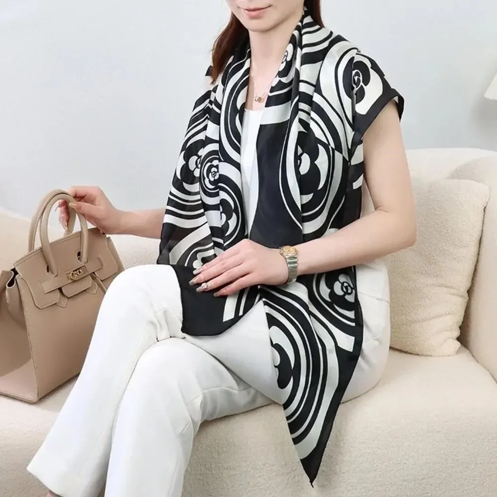 COCO Black White Camelia Flower Print Scarf Silk Shawl Scarf